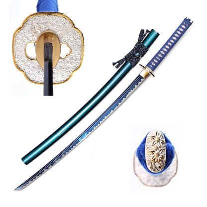 Teal saya blue handle katana with scabbard - full set view
