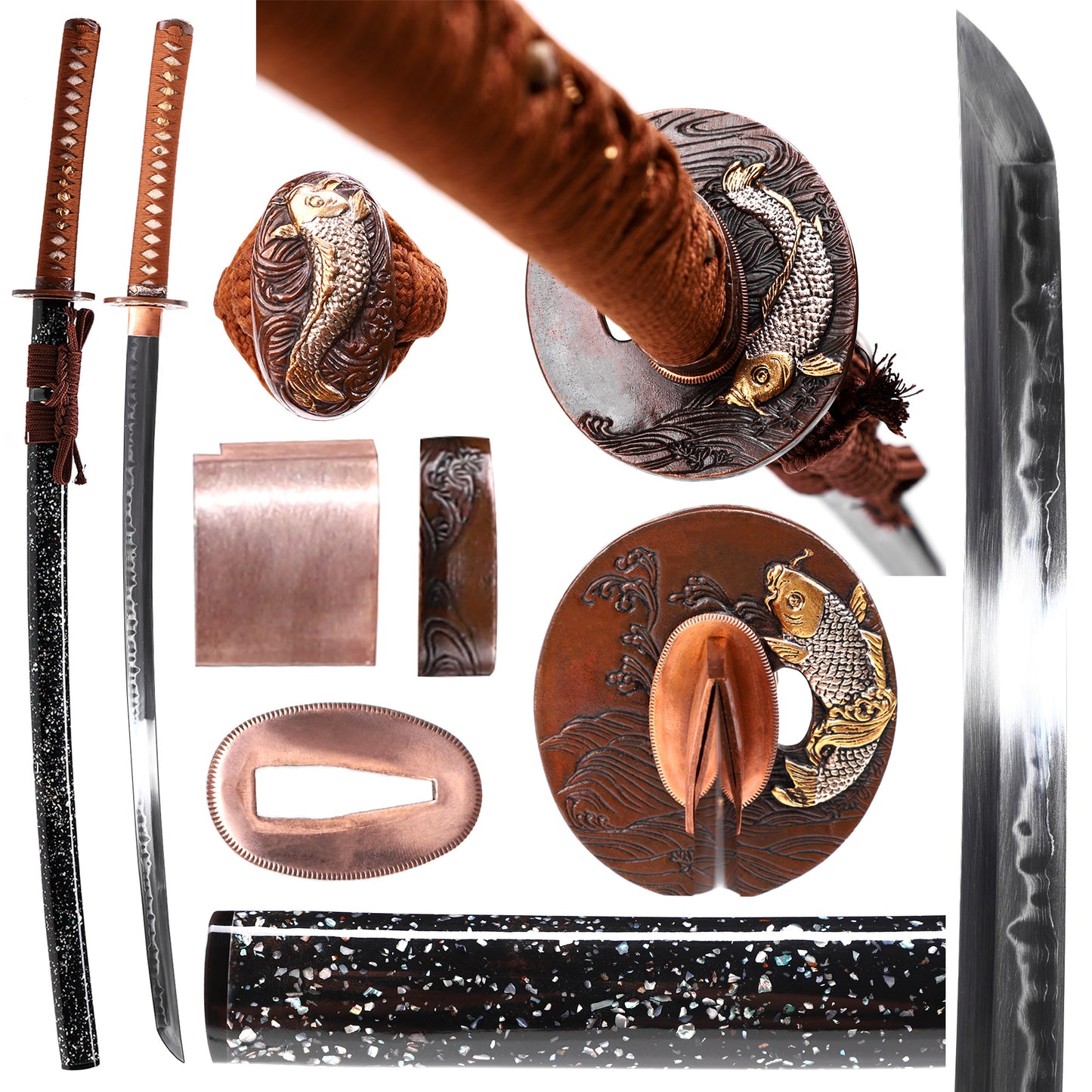 Sanmai-Gumi Clay Tempered Katana, Koi Fish Relief Gold Silver Plated Copper Fittings