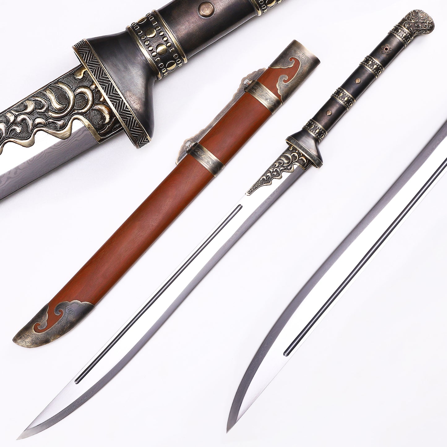 Dragon phoenix sandalwood saya Chinese sword full length view - cloud engraved copper fittings