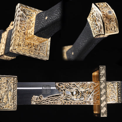 Qing Dynasty Fish Head Dao,  Genuine Ray Skin Saya Gold Plated Copper Fittings  Sword
