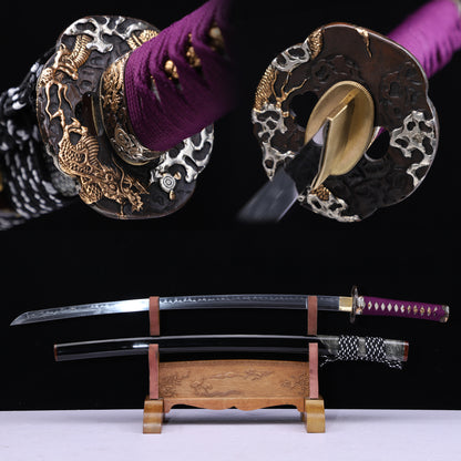 Purple Cord Gold Silver Plated Copper Horn Edged Ray Skin Lacquer Saya Full Tang  Sword