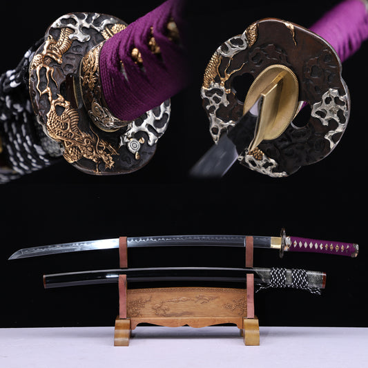 Purple Cord Gold Silver Plated Copper Horn Edged Ray Skin Lacquer Saya Full Tang  Sword