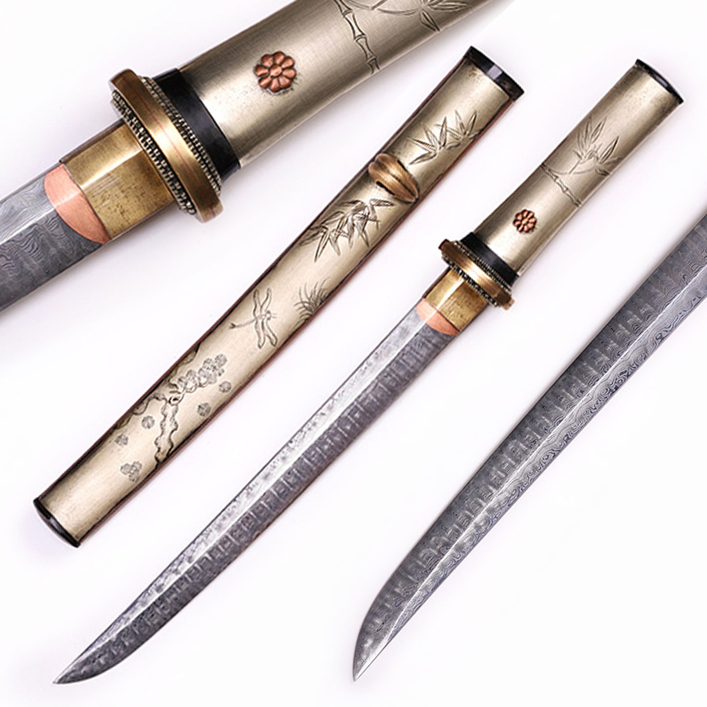 Plum & Bamboo Engraved Damascus Short Sword