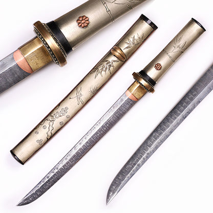 Plum & Bamboo Engraved Damascus Short Sword
