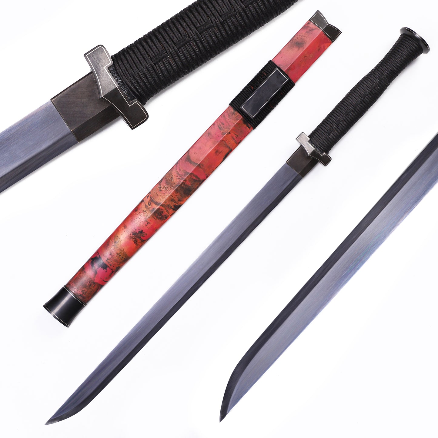 Heritage Ink Red Pattern Han Short Dao, Sanmai Steel Mirror Polished Blade