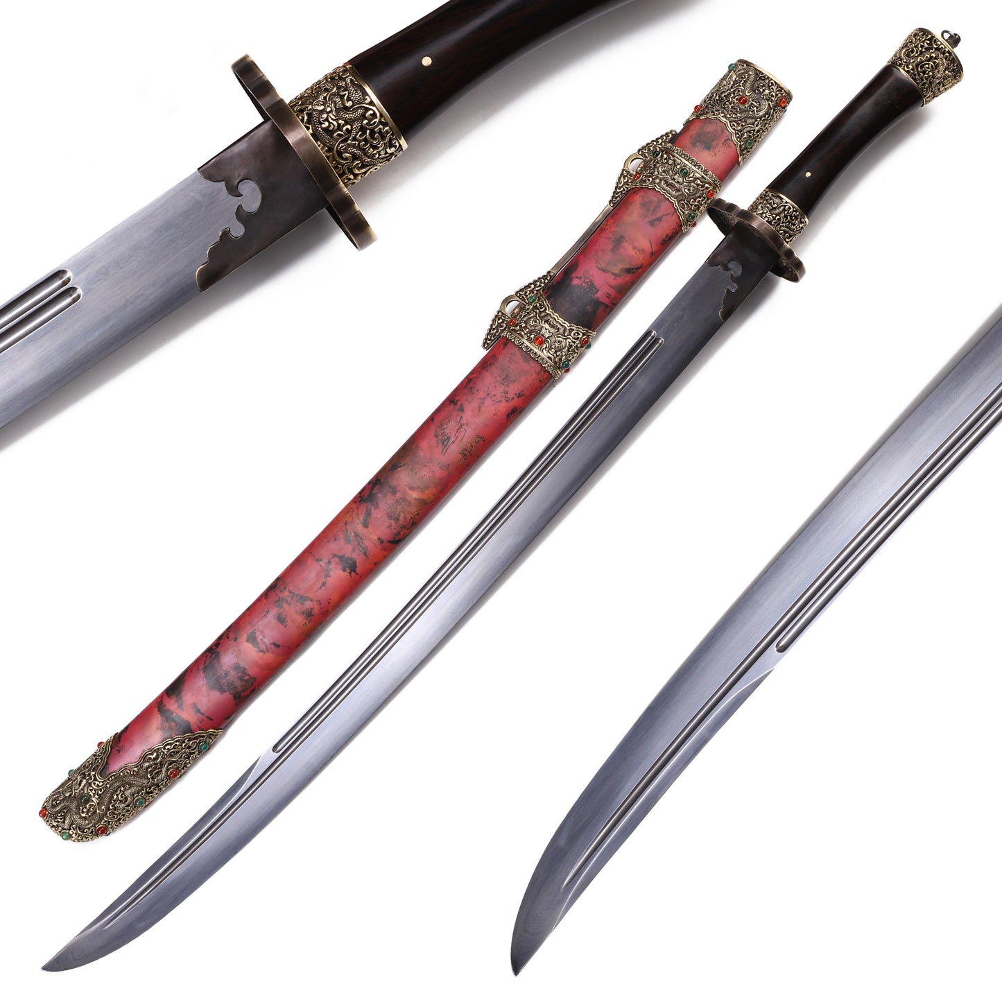 Ink Red Copper Saya Hollow Gem Inlaid Brass Fittings Purple Sandalwood Handle Sword