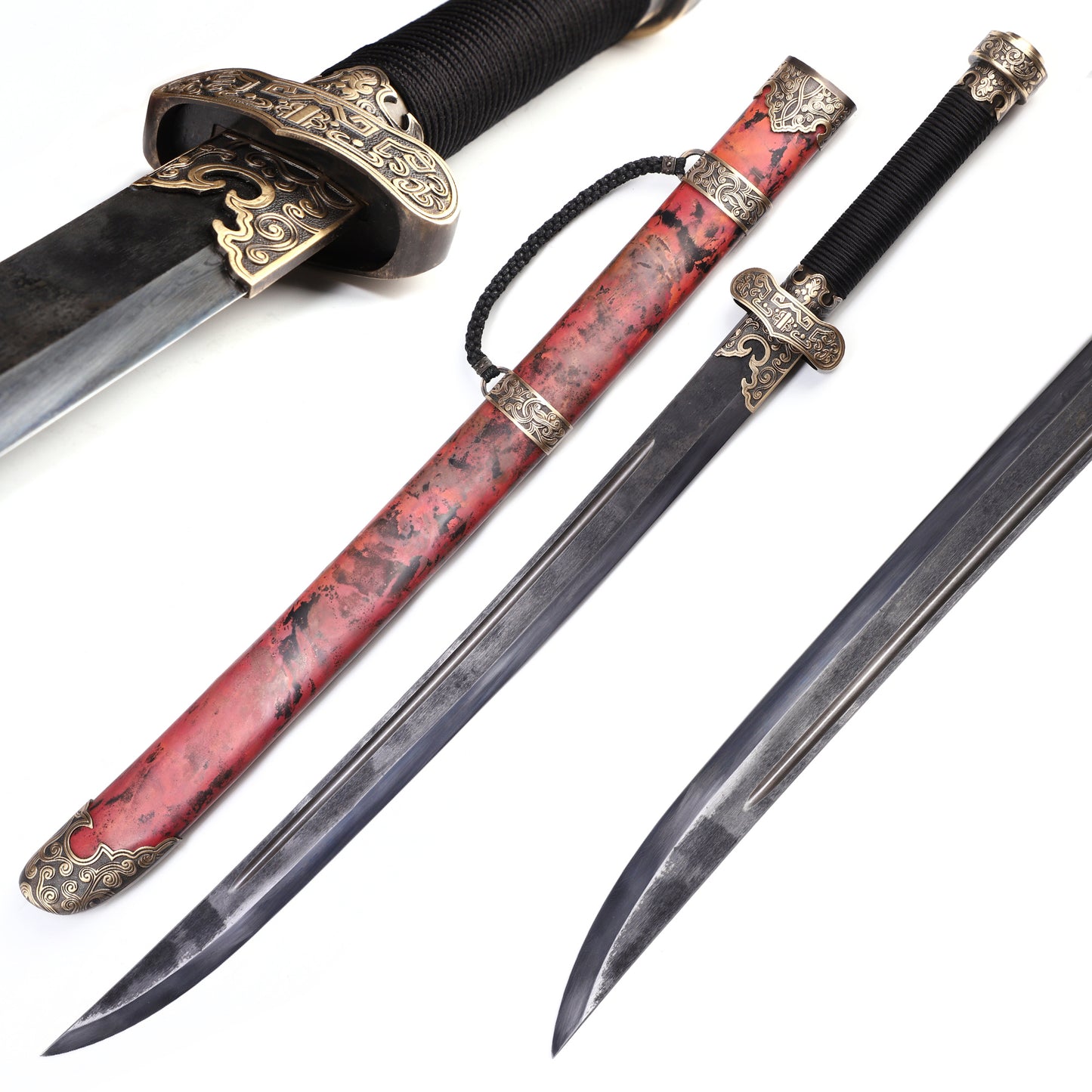 Heritage Ink Red Copper Saya Cloud Carved Brass Fittings Rope Wrapped Wood Full Tang  Sword