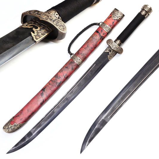 Heritage Ink Red Copper Saya Cloud Carved Brass Fittings Rope Wrapped Wood Full Tang  Sword