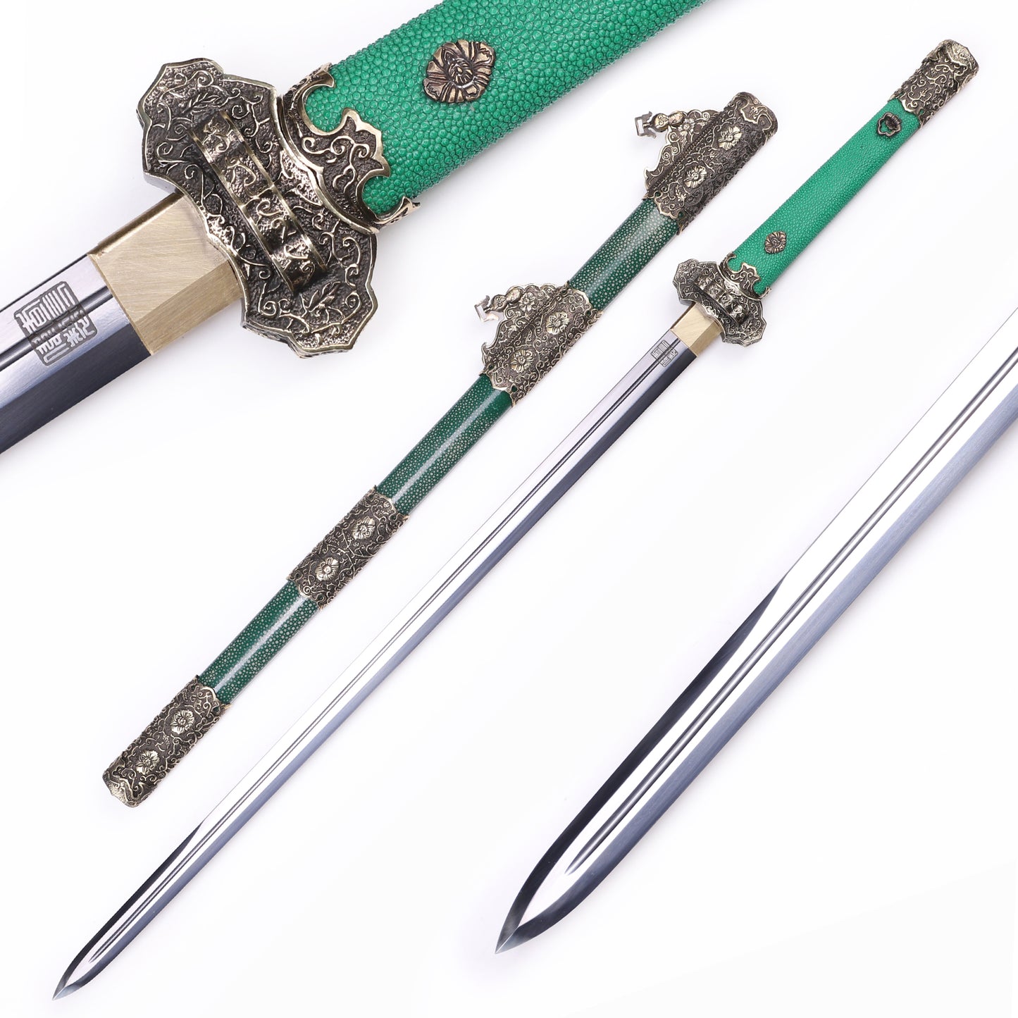 Emerald Green Genuine Ray Skin Vintage Engraved Copper Fittings Tang Straight sword