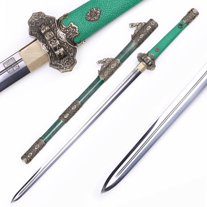 Emerald Green Genuine Ray Skin Vintage Engraved Copper Fittings Tang Straight sword