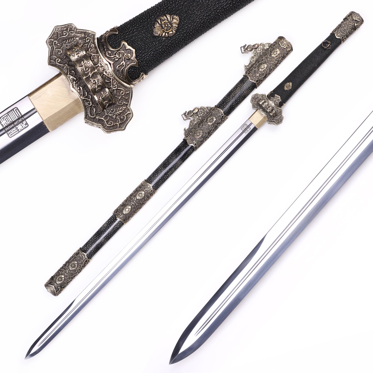 Black Genuine Ray Skin  Floral Relief Vintage Copper Fittings Tang Dynasty sword