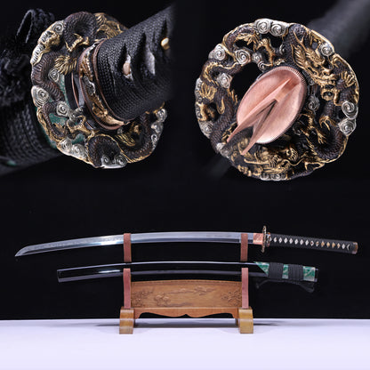 Green Ray Skin Lacquer Saya Gold Silver Plated Copper Fittings Full Tang Sword
