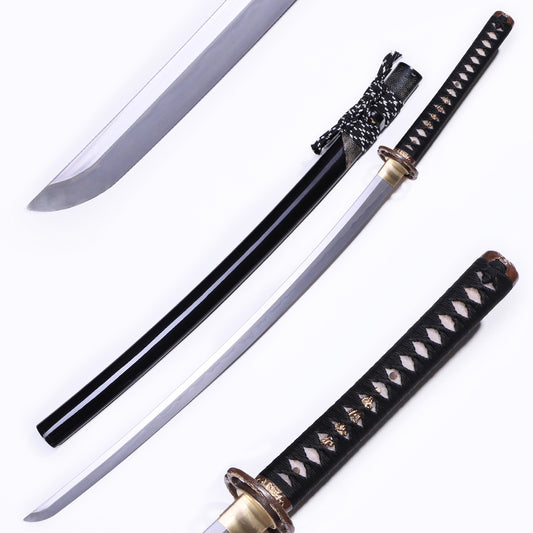 Horn edged ray skin gloss lacquer saya gold silver plated copper sword full length view - full tang