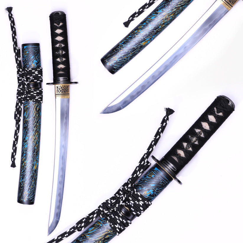 Blue Pattern R lacquer Saya Silver Inlaid Iron Fittings Full Tang Katana