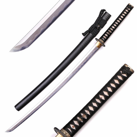 Matte black dot lacquer wood saya silver inlaid iron full tang sword lifestyle display