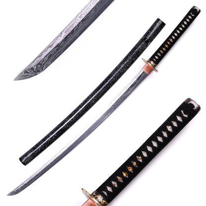 Iridescent Glitter Shell Lacquer Saya Gold Engraved Copper  Full Tang Collectible Sword