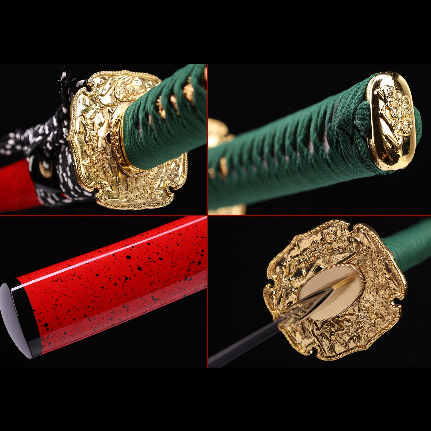 Pattern Steel Katana with Green Handle & Red Saya