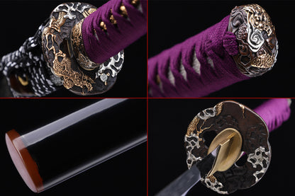 Purple Cord Gold Silver Plated Copper Horn Edged Ray Skin Lacquer Saya Full Tang  Sword