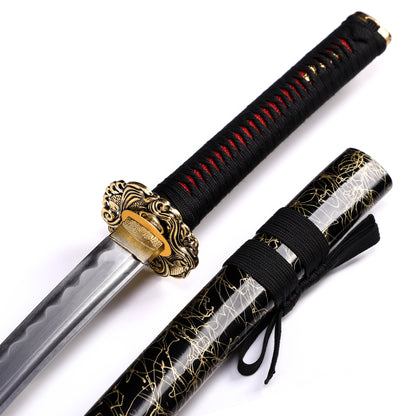 Koi fish engraved katana handle close-up - tsuka wrap with koi engraved fuchi detail