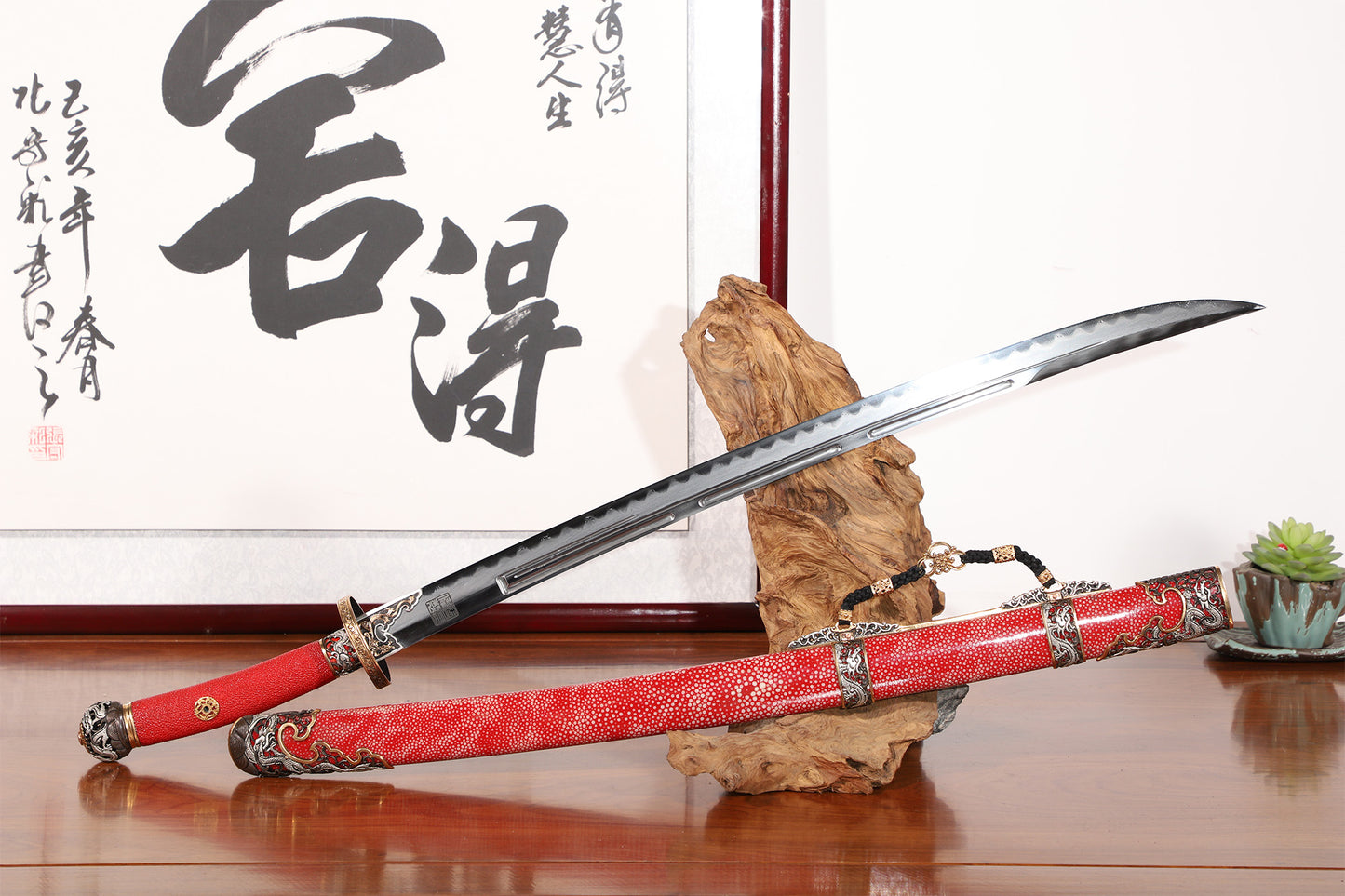Bright Red Genuine Ray Skin Gold Silver Plated Relief Brass Sword