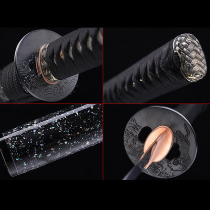 Meteorite Steel Sanmai Clay Tempered Katana, Starry Shell Inlay Saya