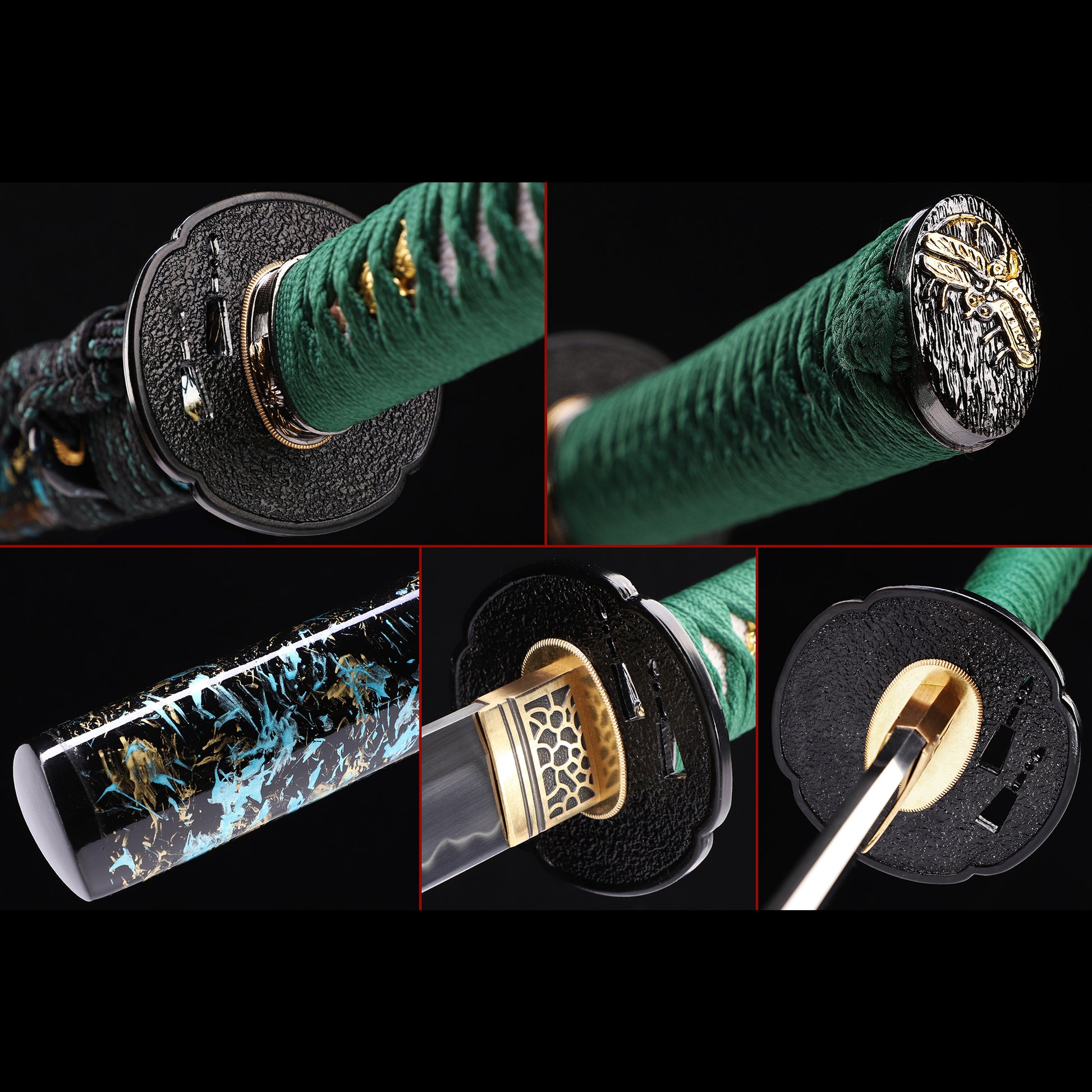 Green handle floral katana tsuba close-up - floral motif hand guard detail