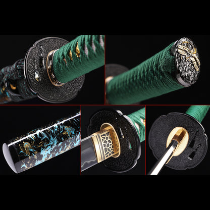 Green handle floral katana tsuba close-up - floral motif hand guard detail