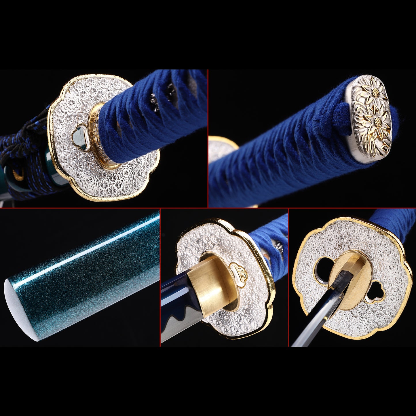 Blue handle katana handle close-up - blue tsuka wrap with teal ito binding detail