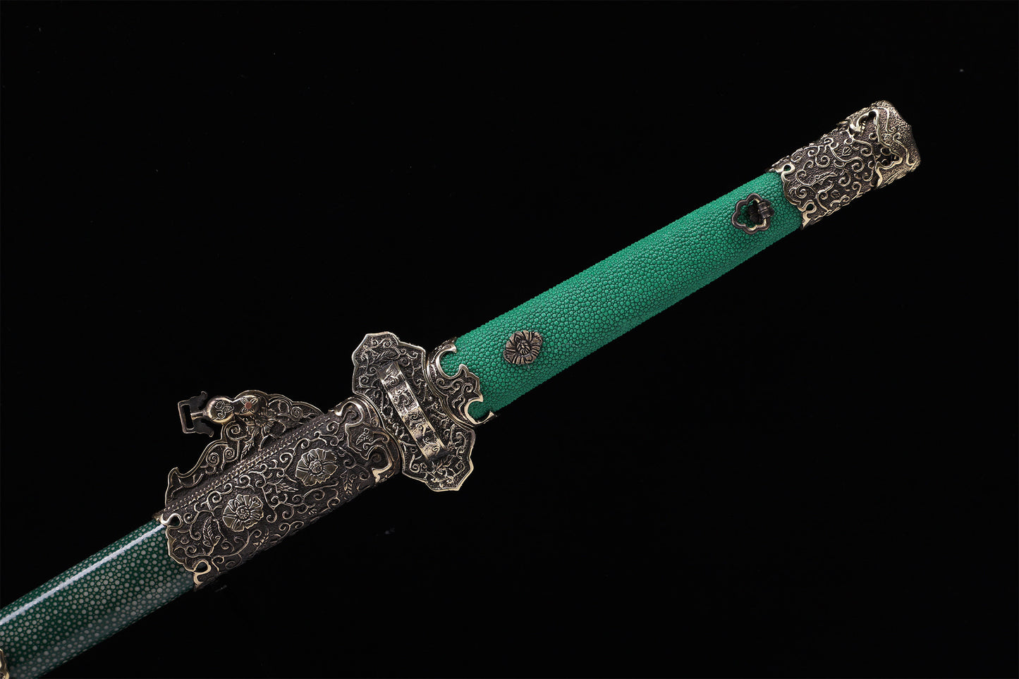Emerald Green Genuine Ray Skin Vintage Engraved Copper Fittings Tang Straight sword