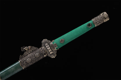 Emerald Green Genuine Ray Skin Vintage Engraved Copper Fittings Tang Straight sword
