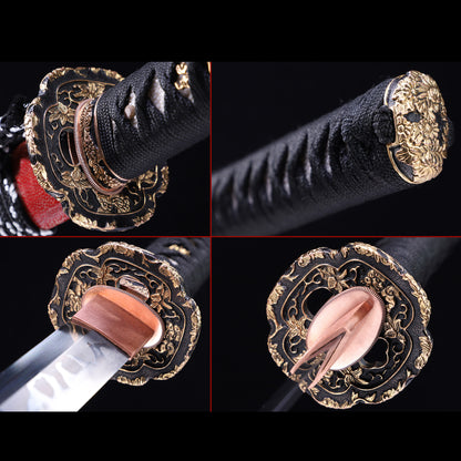 Fish skin katana tsuba close-up - decorative hand guard and habaki detail