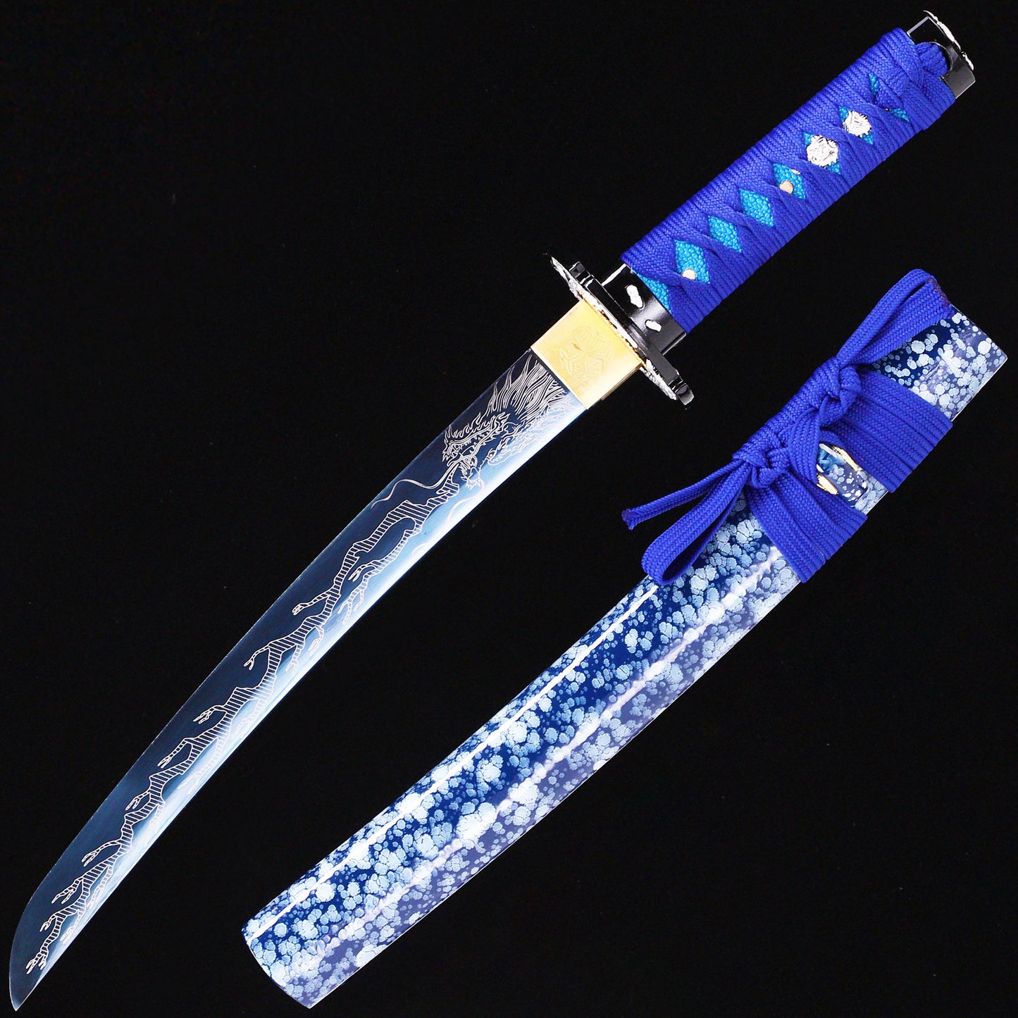 Blue blade dragon etching tanto full length view - Japanese short blade full tang