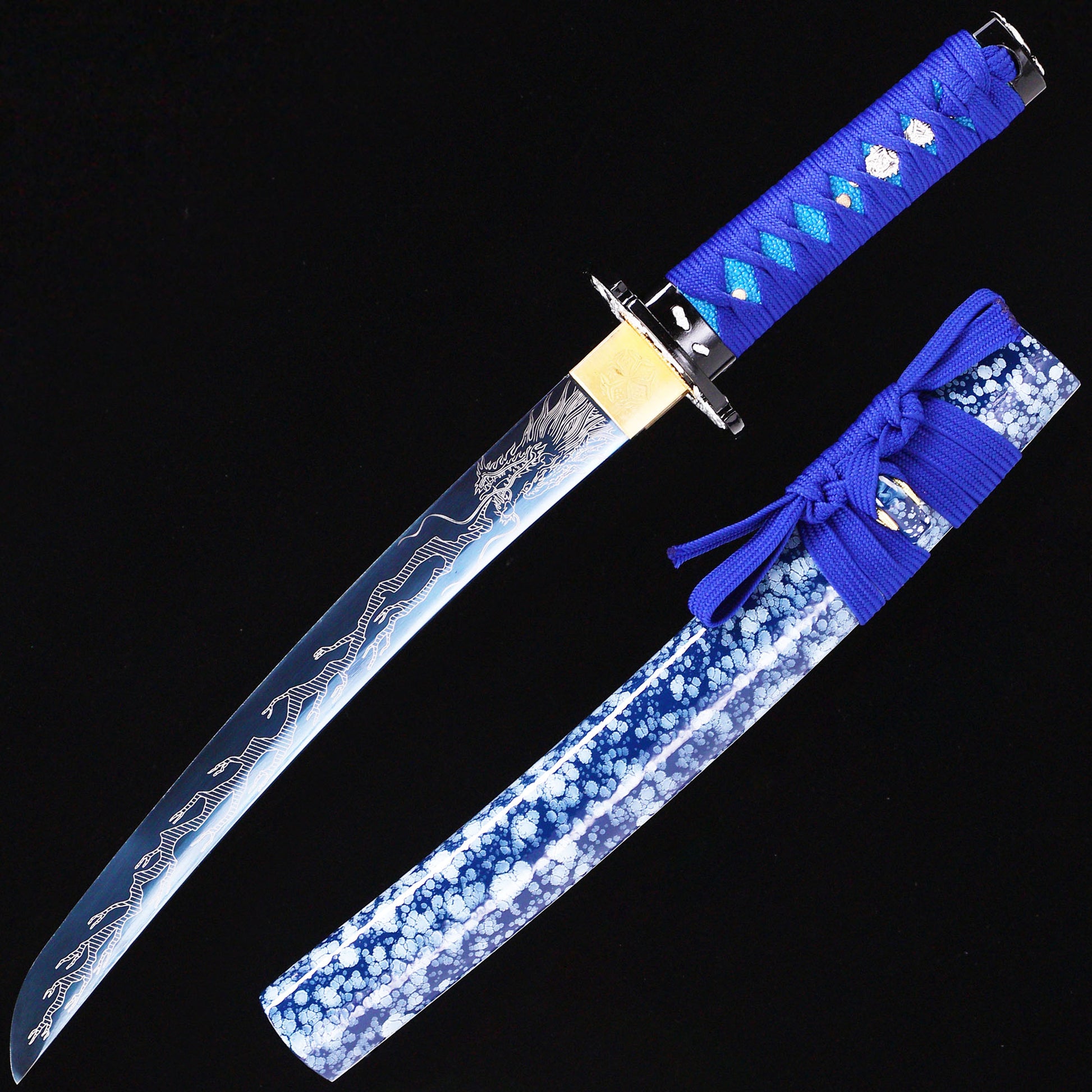 Blue blade dragon etching tanto full length view - Japanese short blade full tang