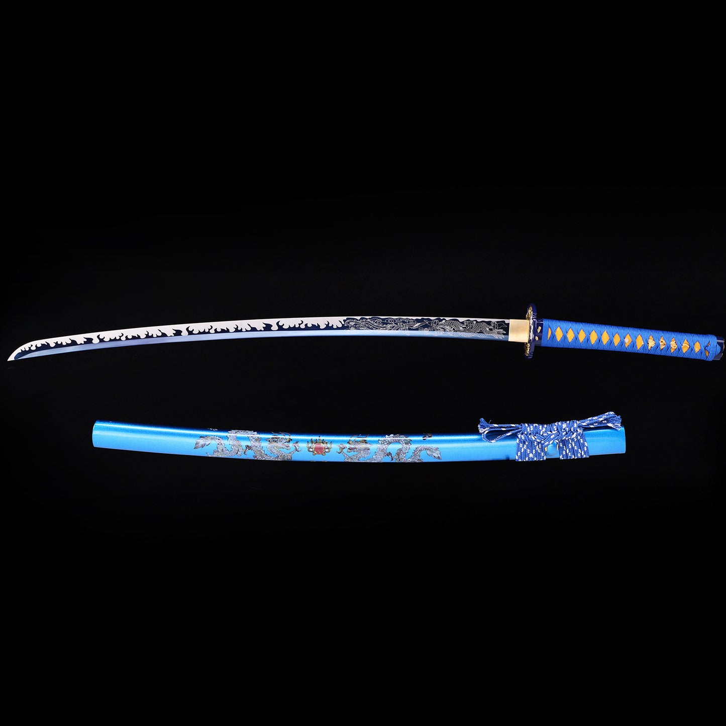 Blue Dragon Japanese samurai katana with saya scabbard - full set view


