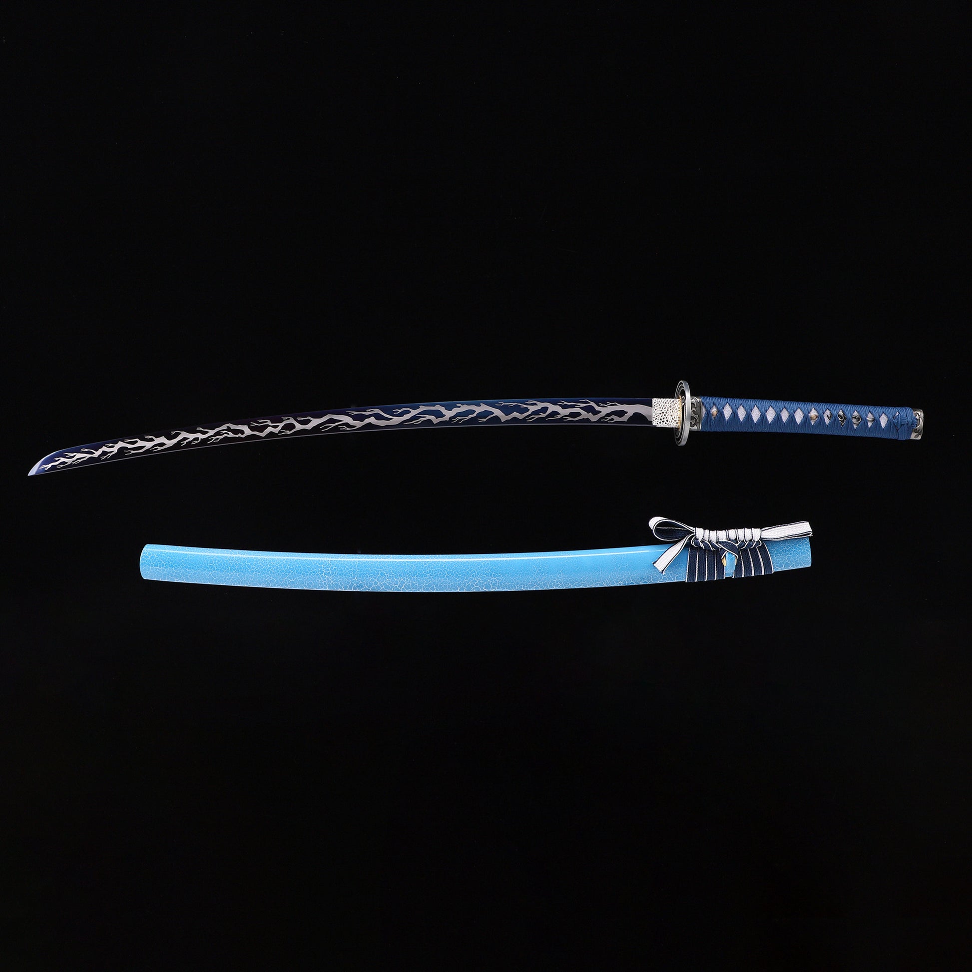 Light Blue Dragon katana with saya scabbard - full set view