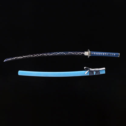 Light Blue Dragon katana with saya scabbard - full set view