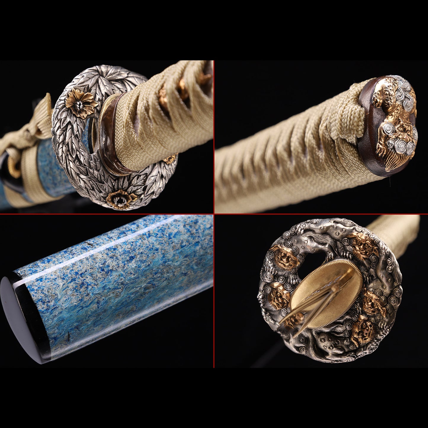 T10 Steel Double Hamon Katana with Beige Handle & Blue-White Art Lacquer Saya