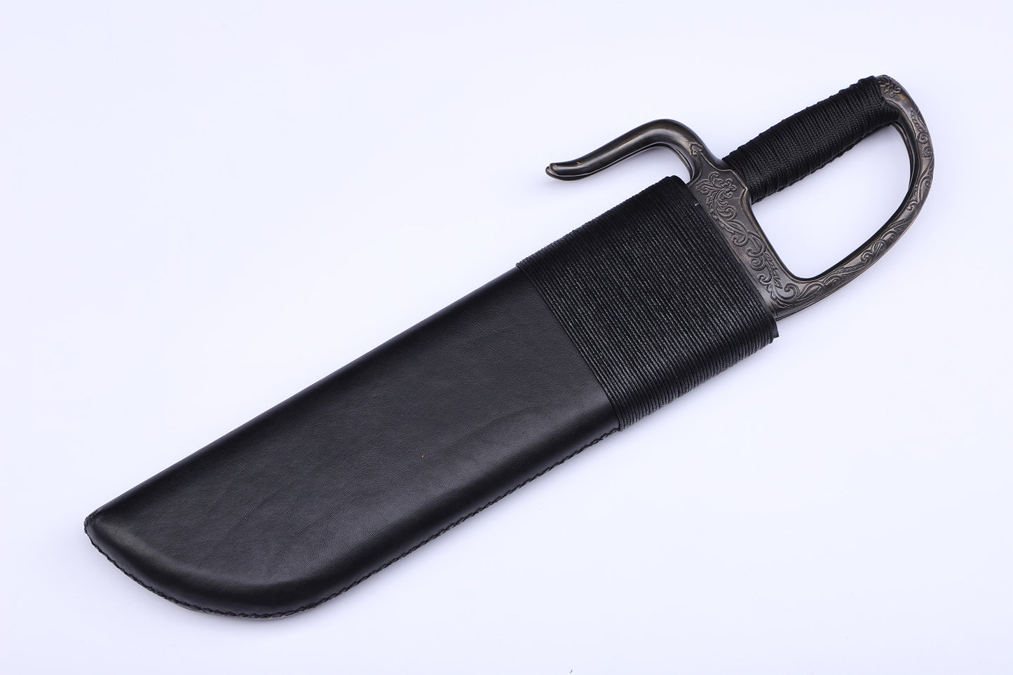 Vintage Engraved Brass Guard Thick Leather Wrapped Wood Saya  Twin Knives