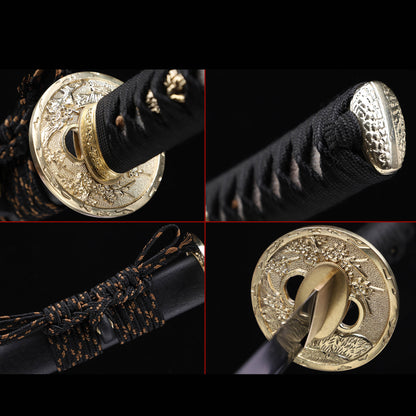 High Carbon Steel Clay Tempered Katana, Matte Black Lacquer Saya