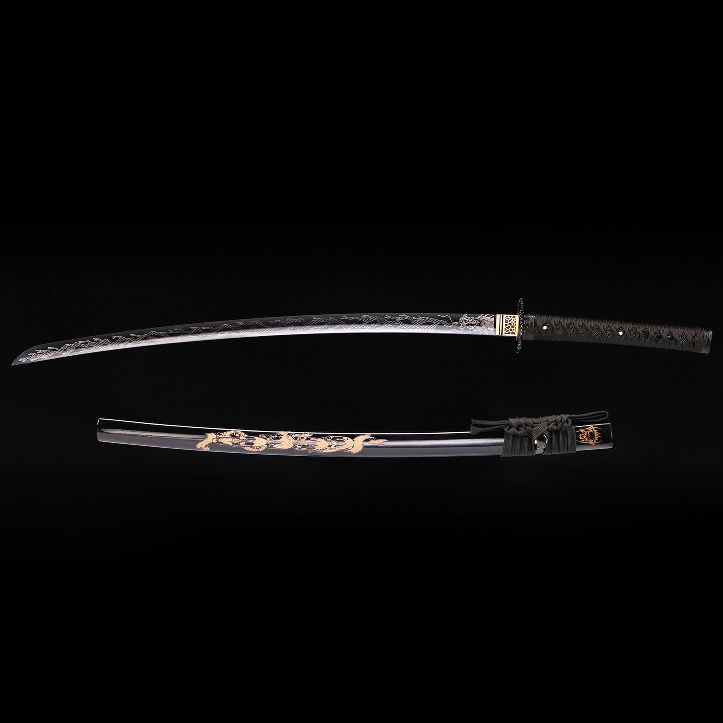 Black Dragon katana with black saya scabbard - full set view
