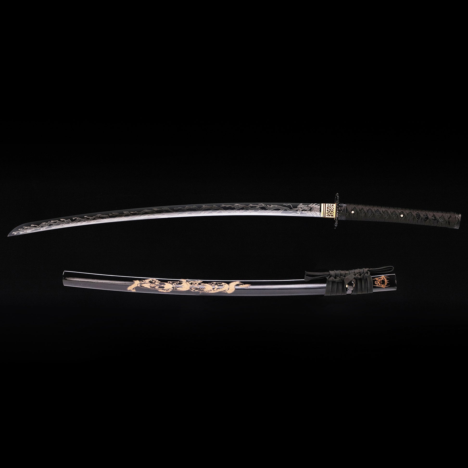 Black Dragon katana with black saya scabbard - full set view