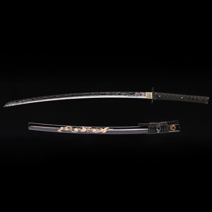 Black Dragon katana with black saya scabbard - full set view