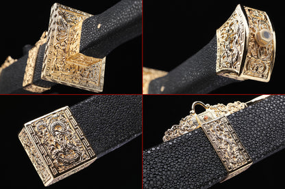 Qing Dynasty Fish Head Dao,  Genuine Ray Skin Saya Gold Plated Copper Fittings  Sword