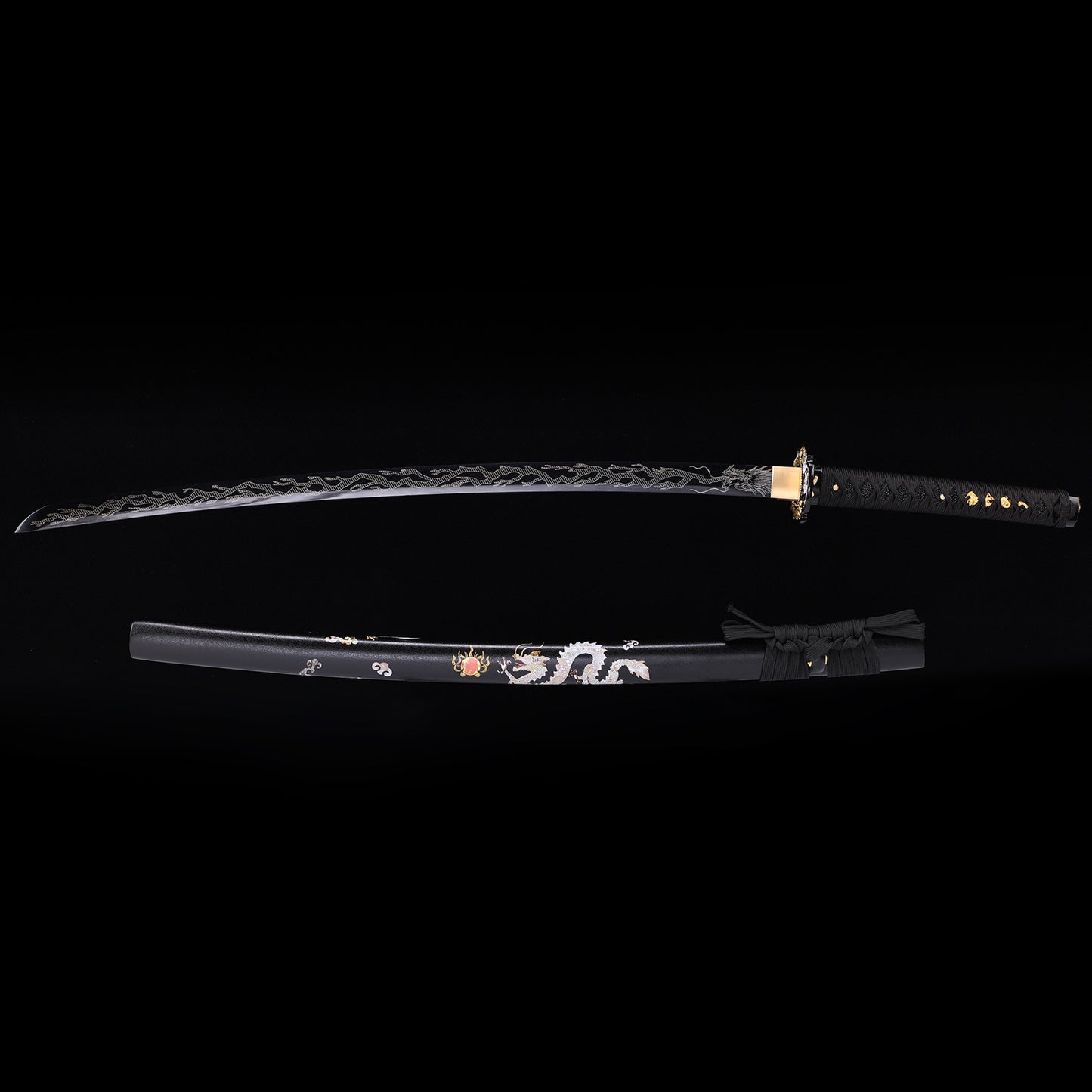 Black Dragon Japanese samurai katana with black saya scabbard - full set view
