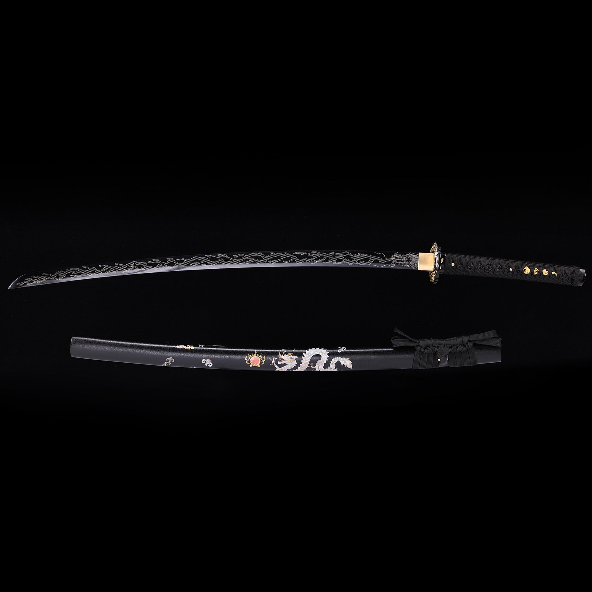 Black Dragon Japanese samurai katana with black saya scabbard - full set view