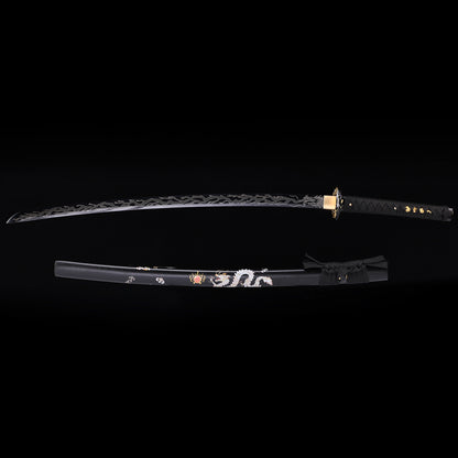 Black Dragon Japanese samurai katana with black saya scabbard - full set view