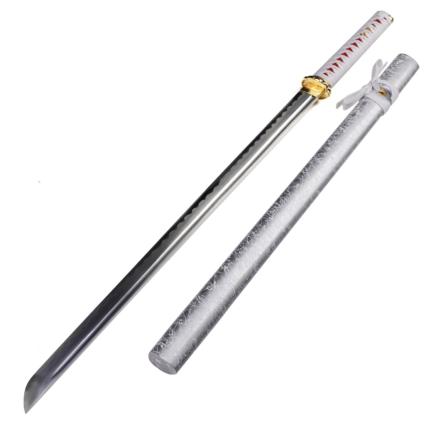 White saya katana side profile - full tang 65Mn steel blade gold engraved tsuba
