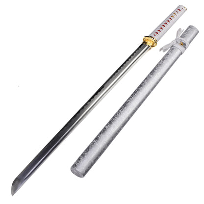 White saya katana side profile - full tang 65Mn steel blade gold engraved tsuba