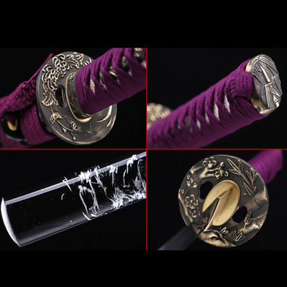 Damascus Steel Engraved Blade Katana, Black White Art Lacquer Saya