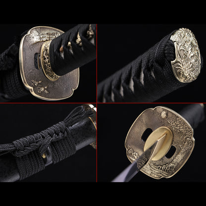 Damascus Steel Oil-Quenched Katana, Black Speckled Lacquer Saya